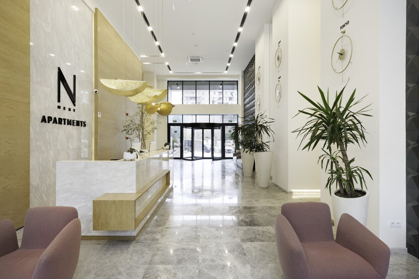 Marble reception and lounge at NEXT Apartments